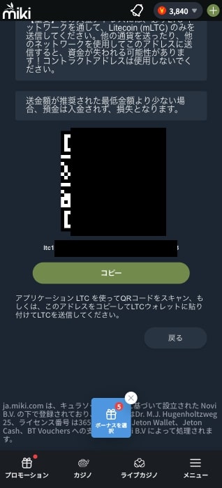 Mikiカジノ　ライトコイン入金
